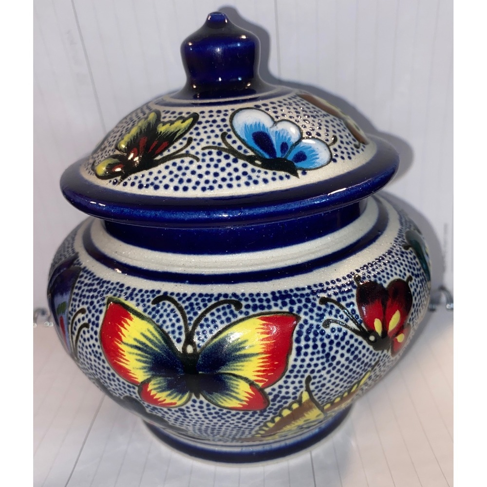 Mexican Talavera Butterfly Jar Hand Painted Ceramic Jewelry Box Boho Home Decor